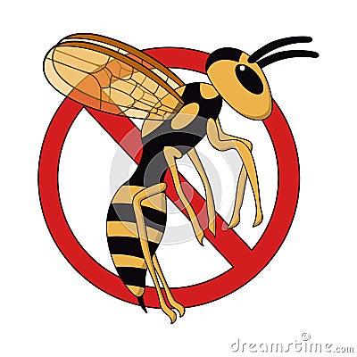 Cartoon flying wasp with ban sign. pest control. white background isolated vector illustration Vector Illustration