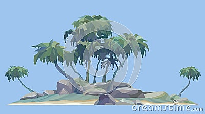 Cartoon foggy little island with palm trees Vector Illustration