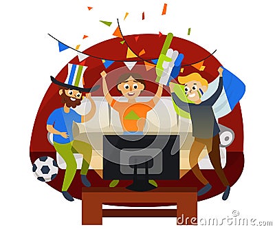 Cartoon football party at home in cozy atmosphere Vector Illustration