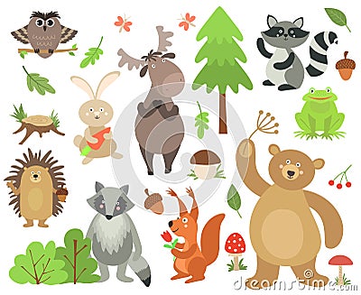 Cartoon forest animals. Elk owl hare raccoon squirrel bear hedgehog frog. Woodland animal vector isolated Vector Illustration