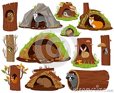 Cartoon forest animals inside hollow, burrow and nest. Woodland fauna in burrows and tree hollows vector illustration Vector Illustration