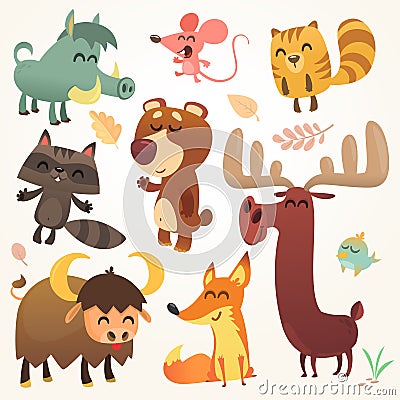 Cartoon forest animals set. Vector illustrated. Squirrel, mouse, raccoon, boar, fox, buffalo, bear, moose, bird. Isolated. Vector Illustration