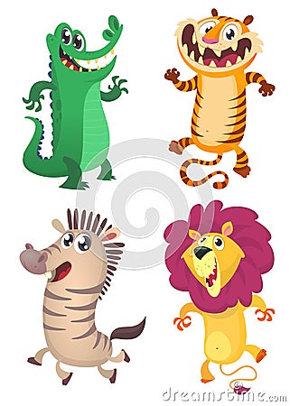 Cartoon forest animals set. Vector illustration of crocodile, tiger, zebra, lion Vector Illustration