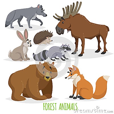 Cartoon forest animals set. Wolf, hedgehog, moose, hare, raccoon, bear and fox. Funny comic creature collection. Vector Illustration