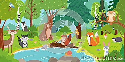 Cartoon forest animals. Wild bear, funny squirrel and cute birds on forests trees kids vector background illustration Vector Illustration