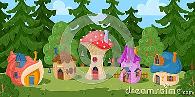 Cartoon forest fairy village, fairytale gnome mushroom houses. Woods gnomes or elves housing village, magical village Vector Illustration
