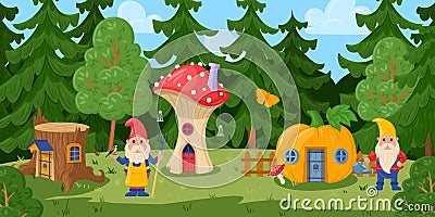 Cartoon forest fairy village, fairytale gnome mushroom houses. Woods gnomes or elves housing Vector Illustration