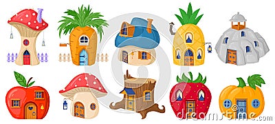 Cartoon forest fairytale mushroom gnomes or hobbit houses. Magic fairy tale characters, fantasy plants and vegetables Vector Illustration