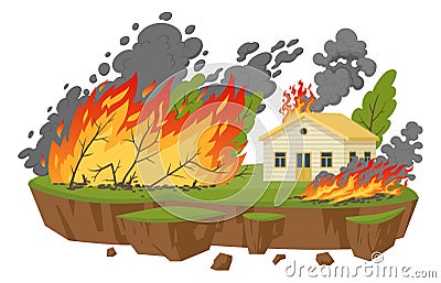 Cartoon forest fires natural disaster. Fire damage catastrophe, environmental cataclysms disaster flat vector illustration Vector Illustration