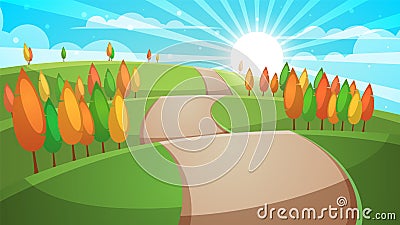 Cartoon forest landscape. Road illustration. Vector Illustration