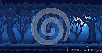 Cartoon forest at moonlit night video game background Vector Illustration