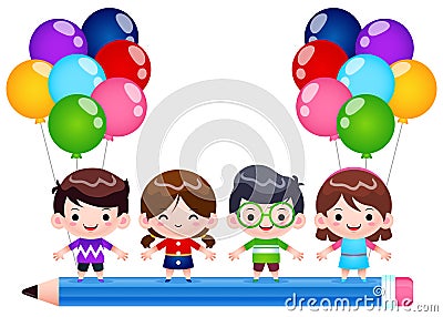 Cartoon Four Children Riding On Flying Pencil Vector Illustration