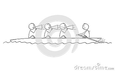 Cartoon of Four Men or Businessmen on Boat, One Man is Rower and Three Men are Coxswains. Vector Illustration