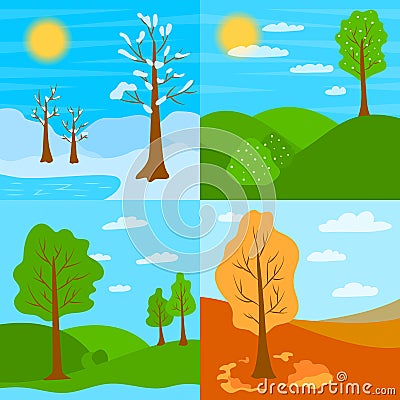 Cartoon Four Seasons Landscape Scene Set. Vector Vector Illustration