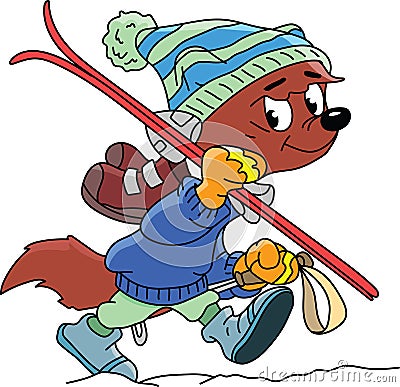 Cartoon fox goes skiing for winter holiday vector Vector Illustration