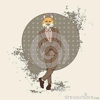 Cartoon Fox Hipster Wear Fashion Suit Retro Abstract Background Vector Illustration