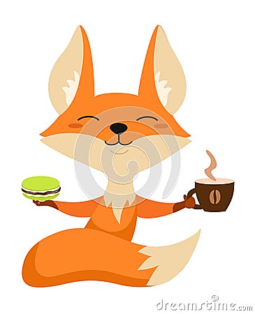 Cartoon fox with macaroon and coffee. Vector illustration. Cartoon Illustration