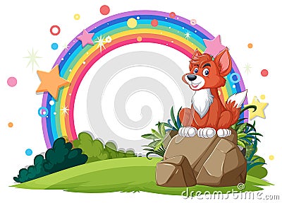 A fox sitting under a vibrant rainbow Vector Illustration