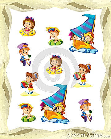 Cartoon frame with children on the beach playing and sailing space for text Cartoon Illustration