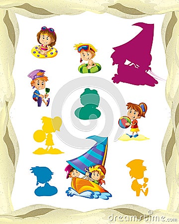 Cartoon frame with children on the beach playing and sailing space for text Cartoon Illustration