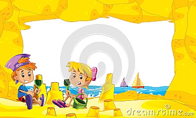 Cartoon frame with children on the beach playing in sand sailboats in the background - space for text Cartoon Illustration