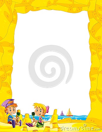 Cartoon frame with children on the beach playing in sand sailboats in the background - space for text Cartoon Illustration