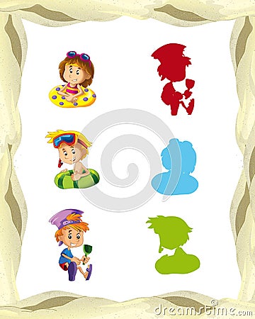 Cartoon frame with children on the beach playing space for text Cartoon Illustration