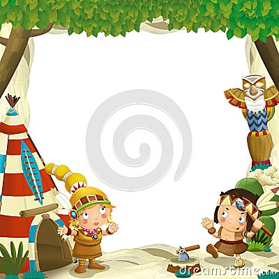 Cartoon frame for different usage indian characters husband with a spear and wife standing near the tee pee Cartoon Illustration