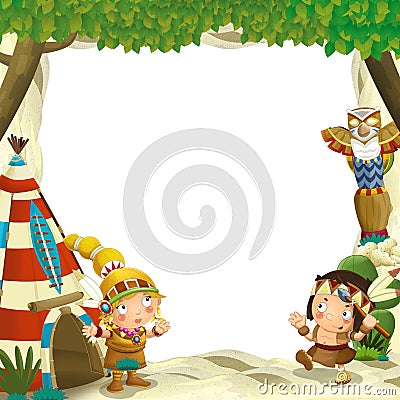 Cartoon frame for different usage indian characters husband with a spear and wife standing near the tee pee Cartoon Illustration