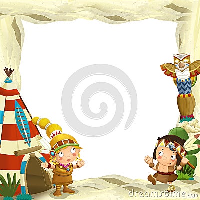 Cartoon frame for different usage indian characters husband with a spear and wife standing near the tee pee Cartoon Illustration