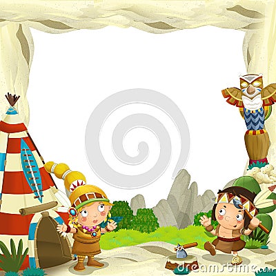 Cartoon frame for different usage indian characters husband with a spear and wife standing near the tee pee Cartoon Illustration