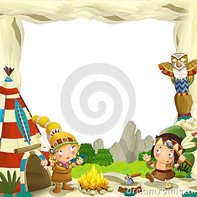 Cartoon frame for different usage indian characters husband with a spear and wife standing near the tee pee Cartoon Illustration