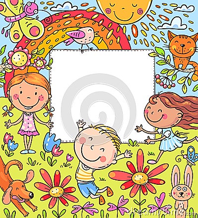 Cartoon frame with happy kids and a blank space Vector Illustration