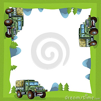 Cartoon frame of a military truck in the forest off road with space for text Cartoon Illustration