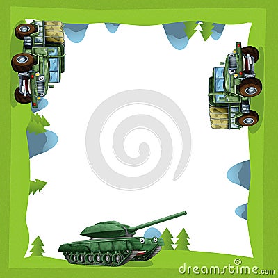 Cartoon frame of a military truck and tank in the forest off road with space for text Cartoon Illustration