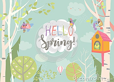 Cartoon frame with spring forest and birds Vector Illustration