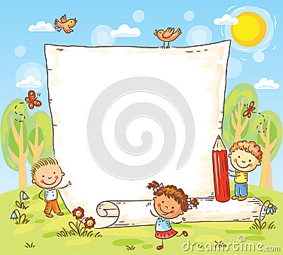 Cartoon frame with three kids outdoors Vector Illustration