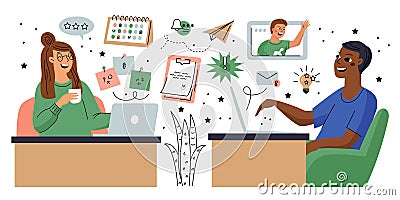 Cartoon freelance elements. Creative young couple work in home office. Self-employed workers. Designers characters Stock Photo