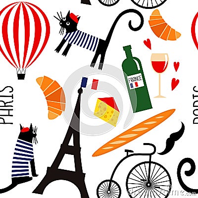 Cartoon french culture symbols seamless pattern. Vector Illustration