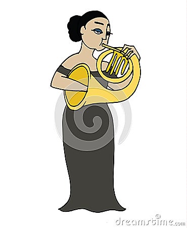 Cartoon french hornist. Musician playing a french horn. Vector Illustration