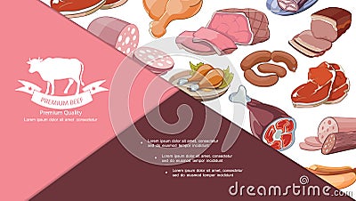 Cartoon Fresh Meat Products Composition Vector Illustration