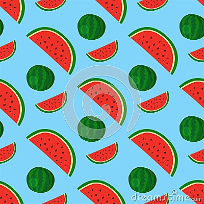 Cartoon fresh watermelon fruits in flat style seamless pattern food summer design vector illustration. Vector Illustration