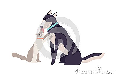 Cartoon friendly dog licking happy cat enjoying friendship isolated on white background. Two domestic animal friends Vector Illustration