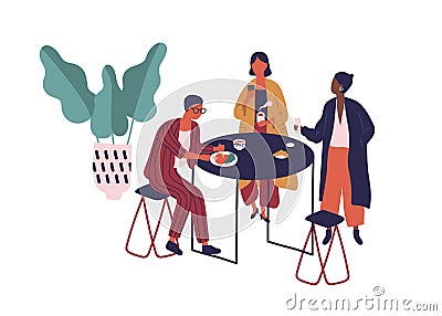 Cartoon friends enjoy lunch together at cafeteria vector flat illustration. Colorful man and woman sit at table eat food Vector Illustration