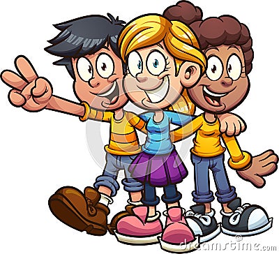 Happy cartoon kids friends hugging Vector Illustration