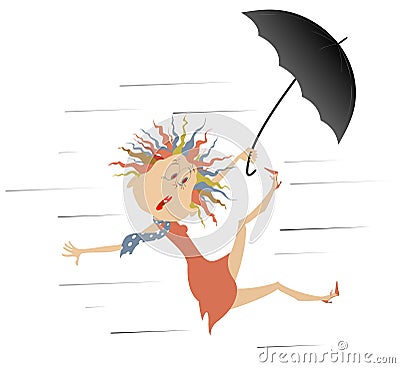 Strong wind, rain and woman with umbrella illustration Vector Illustration