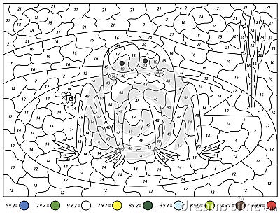 Cartoon frog and fly. Math activity worksheet. Multiplication table. Color by number educational game Vector Illustration