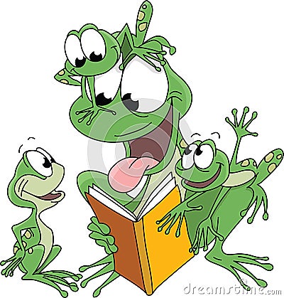 Cartoon frog mother reading stories to her children vector illustration Vector Illustration