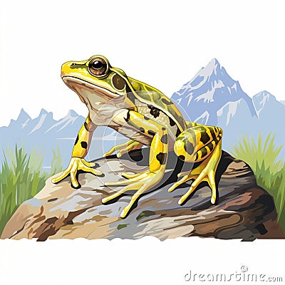 Realistic Yellow Frog Illustration With Mountain Background Stock Photo