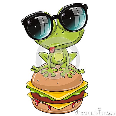 Cartoon Frog in sun glasses sitting on the hamburger Vector Illustration